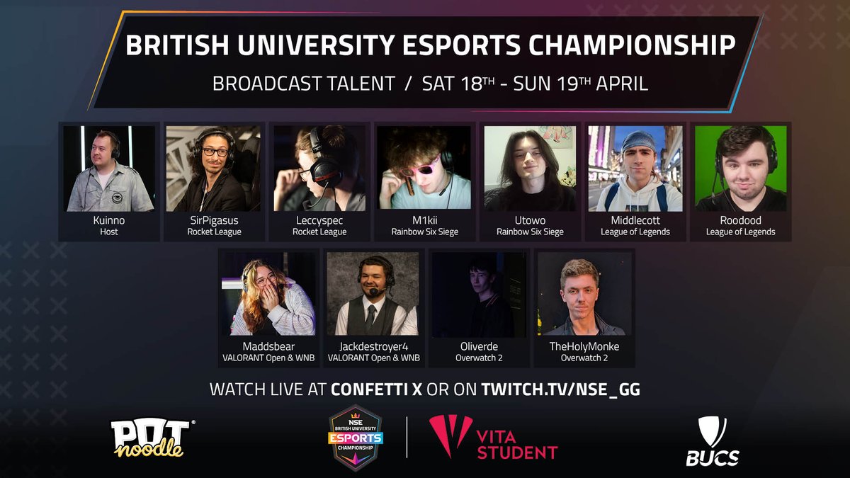 nse_gg's tweet photo. 📢 SPRING FINALS TALENT ANNOUNCEMENT #BUECSpring2026!

🎙️ Hosted by @itsKuinno, we've got a fantastic group joining us for this Spring's British University Esports Championship Finals.

👉 Read more about our finals and grab your tickets here: https://t.co/H84Y4pOM6G https://t.co/ImgmsuERGA