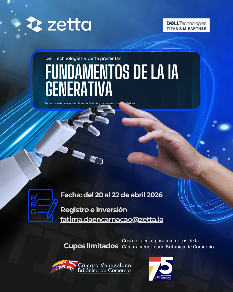 britchamve's tweet photo. Eleve su perfil ejecutivo al siguiente nivel. 
¡ZettaGroup anuncia nueva certificación en Inteligencia Artificial de Dell Technologies en Venezuela!
Fecha: del 20 al 22 de abril 2026 Cupos limitados
Registro e Inversión: fatima.daencarnacao@zetta.la
#britchamve #zettagroup https://t.co/CbBCuXSnWV
