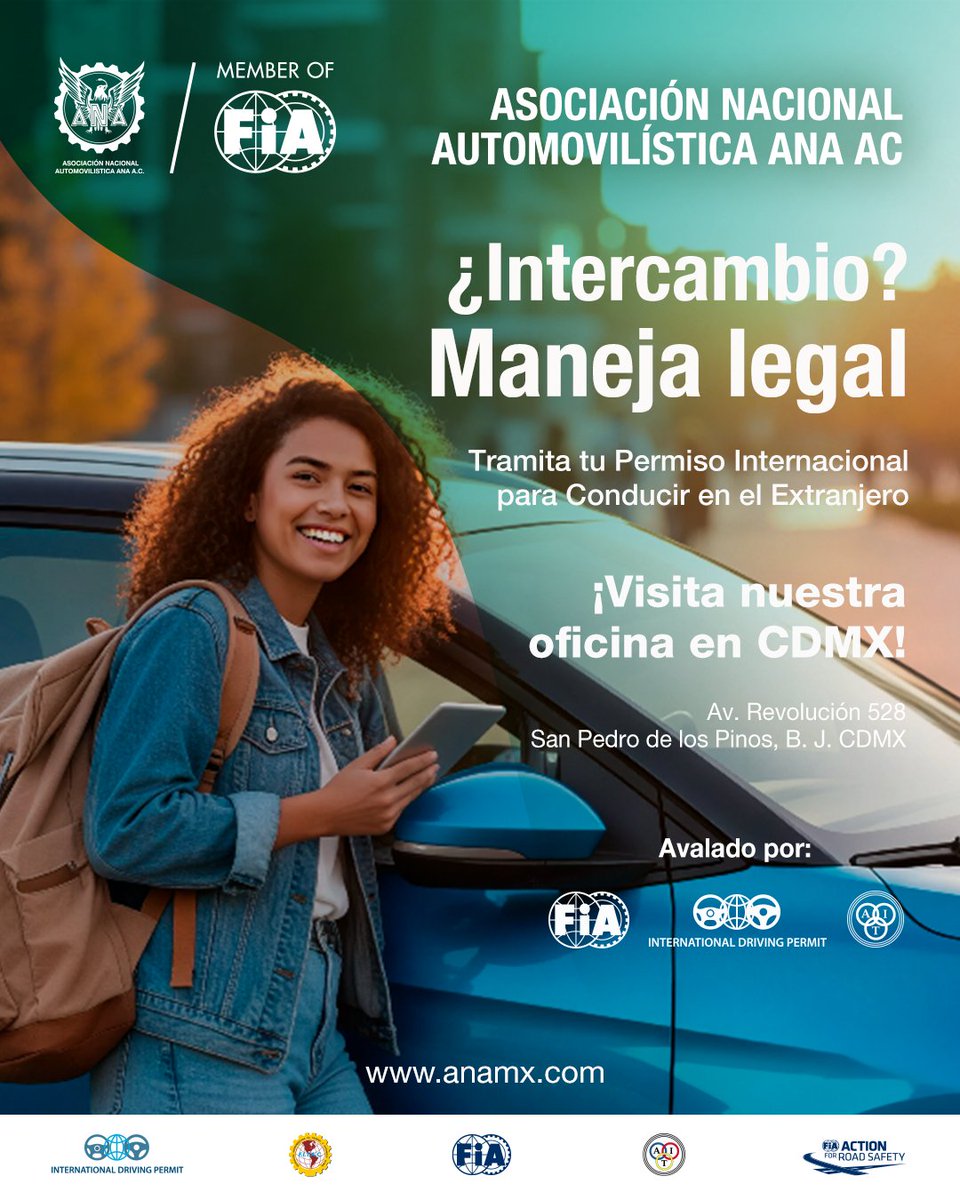 Prepara todo para tu intercambio, maneja fuera de México sin problemas. Tramita tu Permiso Internacional para Conducir en el Extranjero. Visita nuestra web oficial, no caigas en oficinas falsas.  ow.ly/l1Bh50YJ44e / 55 5524 - 4227 / Avalado por la FIA - FITAC y ONU