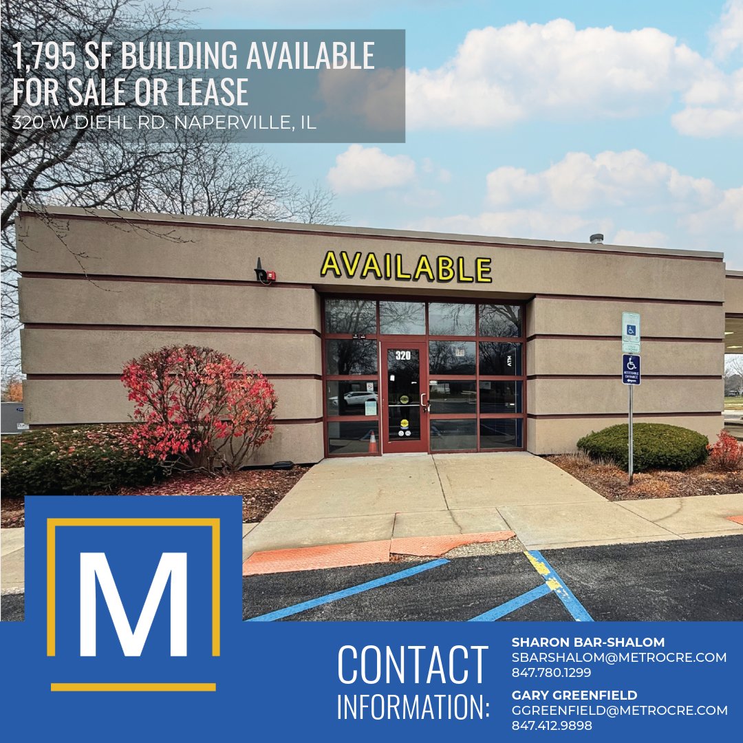 MetroCRE's tweet photo. 1,795 SF Drive-Thru Building for Sale or Lease at 320 W Diehl Rd

🔹Freestanding Drive-Thru Bank
🔹Includes Fully Finished Basement

📞 Sharon Bar-Shalom – sbarshalom@metrocre.com | 847.780.1299
📞 Gary Greenfield – ggreenfield@metrocre.com | 847.412.9898 https://t.co/ZS9xMw3krq