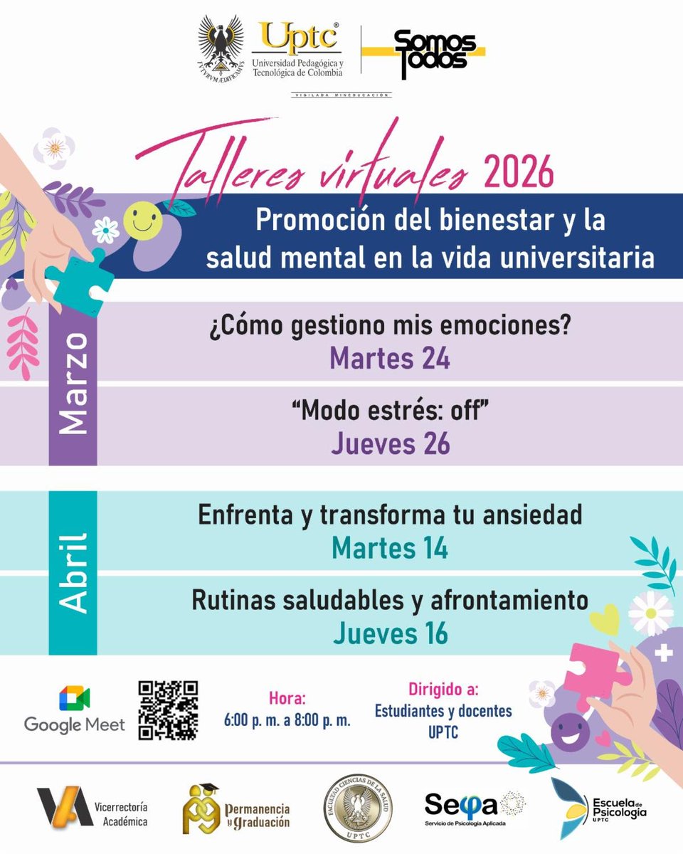 sepa_uptc's tweet photo. ¡Te invitamos a la cuarta sesión del programa de promoción del bienestar y la salud mental en la vida universitaria!

Será un espacio pensado para compartir, aprender y fortalecer rutinas saludables y afrontamiento

📆 Hoy 16 de abril
⏰ 6:00pm-8:00pm

https://t.co/BNiPGoN1SD https://t.co/C3SOHECiep