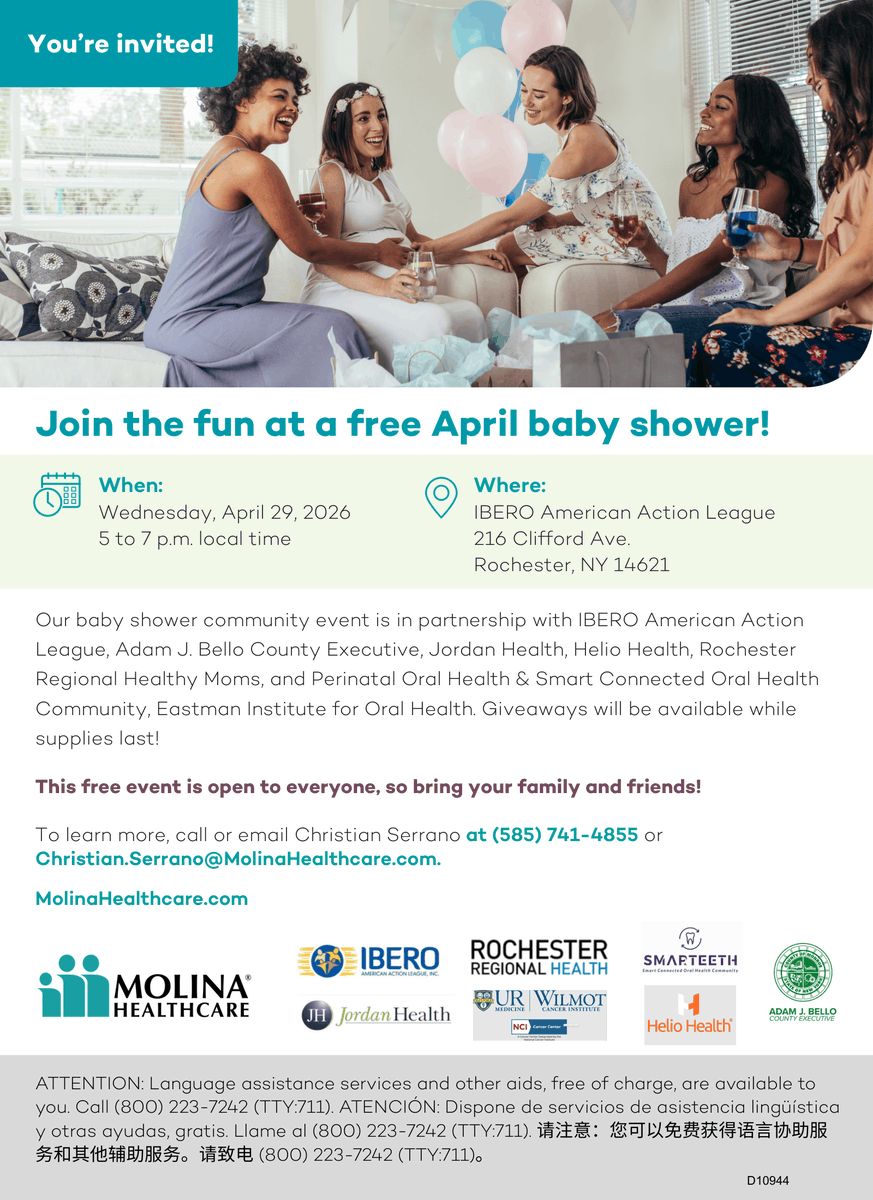 IberoRoc's tweet image. 🎉 You’re invited! Join us for a fun and FREE community baby shower this April! 👶💕

🗓 Wednesday, April 29, 2026
⏰ 5–7 PM
📍 Ibero Community Resource Center, Rochester, NY

#BabyShower #CommunityEvent #MolinaHealthcare #RochesterNY