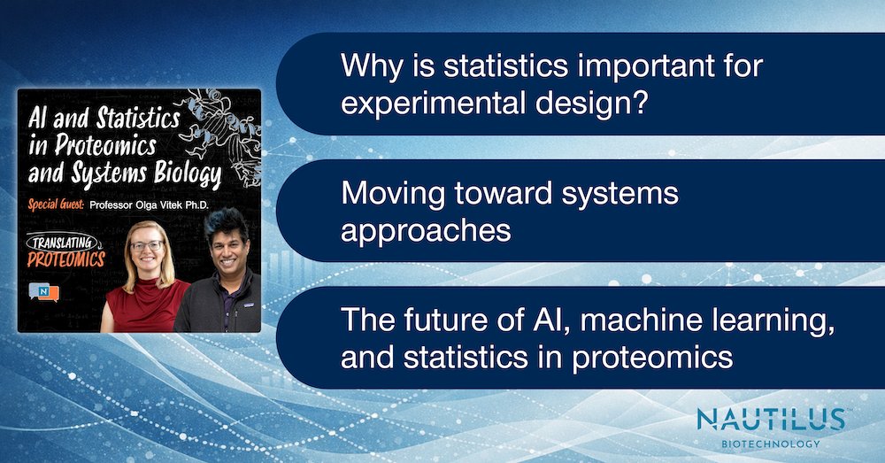 NautilusBio's tweet photo. In our latest blog post, we cover some of the highlights from a recent episode of the Translating Proteomics podcast featuring Professor Olga Vitek from Northeastern University.

Read the post to discover how statistics and AI can help us achieve a more holistic understanding of biology and listen to the podcast episode for even more insights.

https://t.co/enh2cR3gSv

#TranslatingProteomics #Podcast #Proteomics #Statistics #AI #ArtificialIntelligence