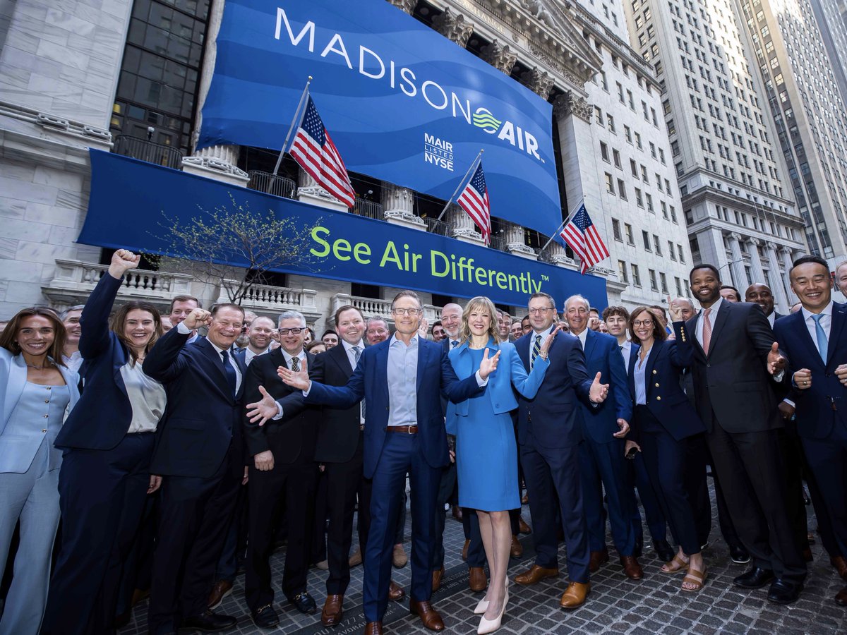 NYSE's tweet photo. Because quality air matters everywhere.

Congratulations to Larry Gies, Jill Wyant, and the entire Madison Air team on officially being NYSE-listed! 🎉 $MAIR https://t.co/2DrHqMSqzS