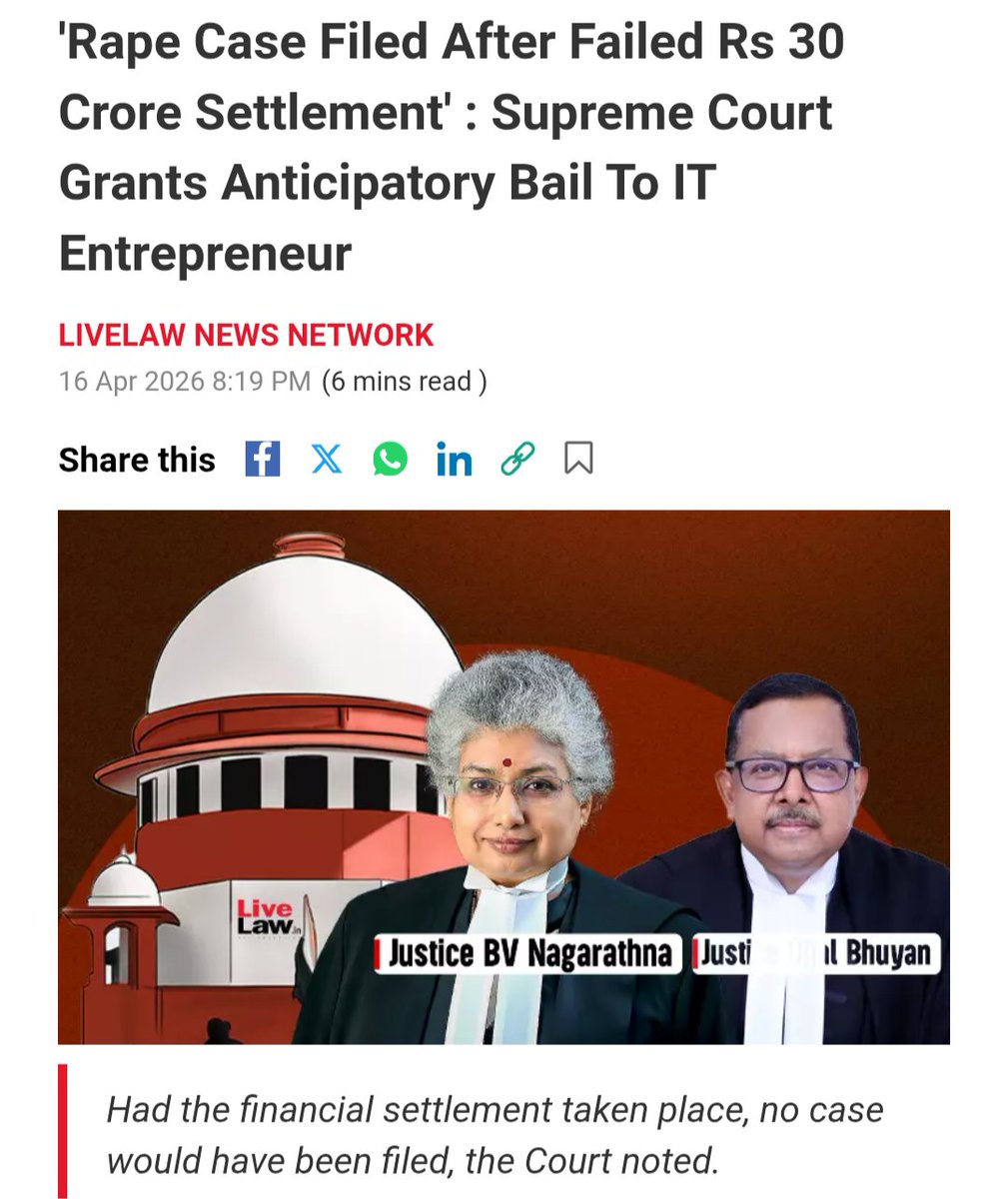 lilmastervinnzz's tweet image. First demand ₹30 crore, then file a rape FIR when “settlement” didnt happened
this is not justice, this is extortion with a gender shield.

pseudo‑feminism has turned rape law into a money‑recovery tool.

India needs #GenderNeutralLaws , harsh punishment for such blackmail