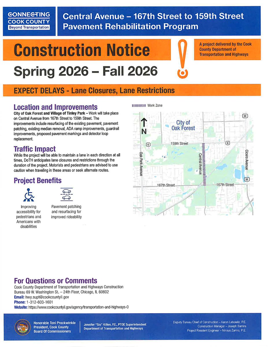 cityofoakforest's tweet photo. Cook County will soon begin work on Central Avenue between 167th and 159th Streets. Be aware of lane closures and restrictions or find alternate routes. https://t.co/inz1KjWHYa