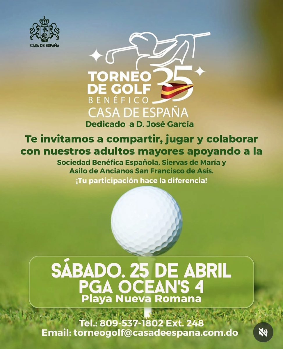 golfrd's tweet photo. Torneo de Golf Benéfico Casa de España.
🗓 Sábado 25 de abril
⛳️PGA Ocean’s 4, Playa Nueva Romana
📲809-537-1802 Ext. 248
Email: torneogolf@casadeespana.com.do https://t.co/QUAS3rjxZY