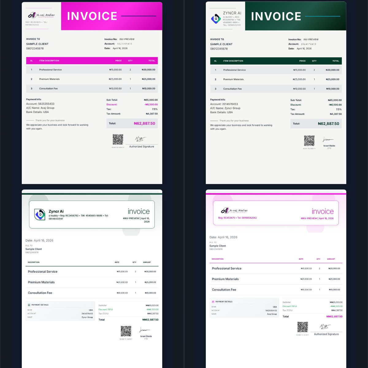 deking_s's tweet photo. @MrZlife_ ✅ Explore classic templates tailored to your brand identity.
✅ Secure every invoice with a unique QR code, allowing clients to verify authenticity and eliminate impersonation.

Try https://t.co/DPHcyTtDhE https://t.co/hA7A0gelxz