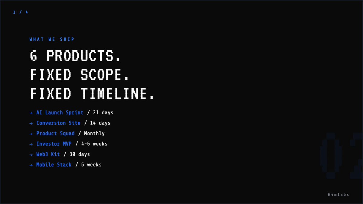 4MLabs's tweet photo. 3 months to hire. 6 to ship. Your competitors already launched.

Fixed-scope builds. Fixed timelines. Production-ready outcomes.

6 products. Clear delivery dates. No scope creep. https://t.co/5DGqq98GaN