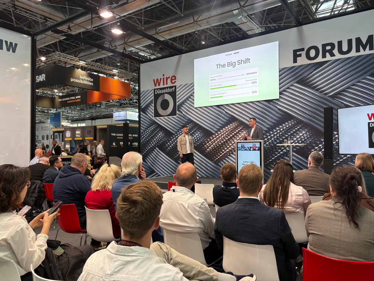 DenfieldAdv's tweet photo. Earlier on today, our very own Digital Director, Miguel, and Head of User Experience, Ash, took to the stage at wire Düsseldorf to discuss digital strategy and visibility in the current landscape, thinking about why businesses need to think differently about website structure, content and digital presence in an AI-first world. 

Here’s a little look at them in action… 

#wireDusseldorf #IWMA #DigitalTransformation