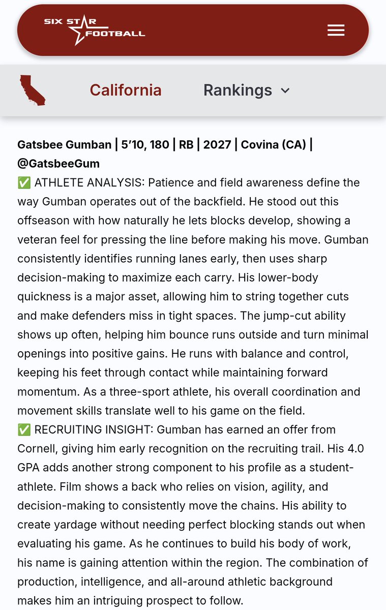 GatsbeeGum's tweet photo. Blessed to be featured by @SixStarFootball! 📈 Highlighting the work on the field and the 4.0 GPA in the classroom. @DanSwanstrom @TerryUrsin @Sean_Reeder @BigRed_Football @CoachCW3 https://t.co/P3ohprEDDP