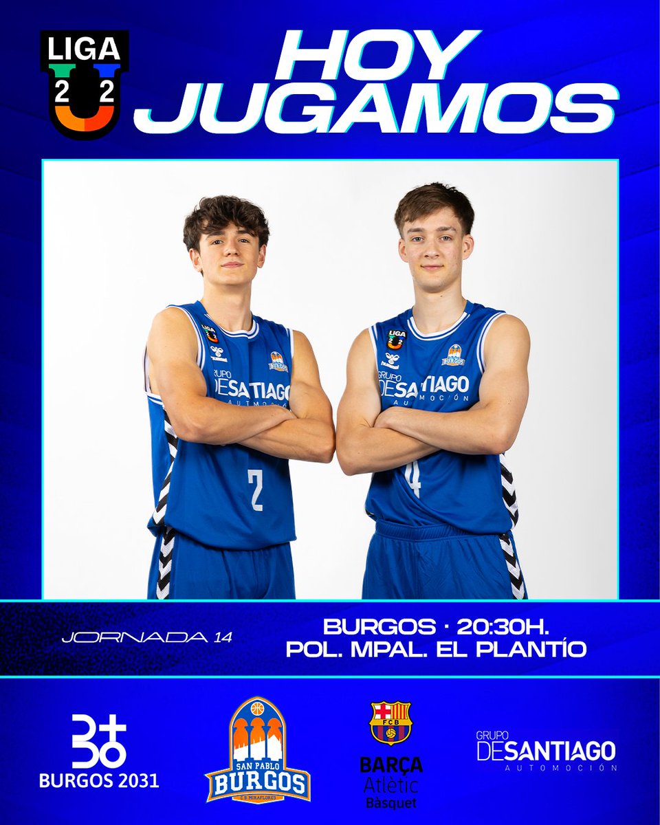 🏀 ¡𝐃𝐢́𝐚 𝐝𝐞 𝐩𝐚𝐫𝐭𝐢𝐝𝐨!
⛹🏻 Burgos Grupo de Santiago  
🏆 Jornada 14 <a href="/Liga_U22/">Liga U</a>
🆚 Barça Athletic    
 🏟️ Pol. Mpal. El Plantío
🕒 20:30h. 
🖥️ youtube.com/watch?v=MRFKnu…