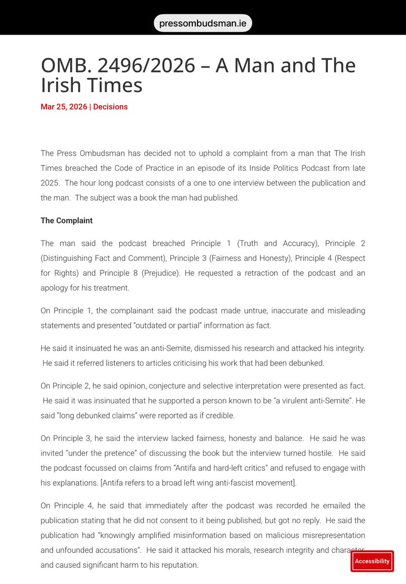 The Press Ombudsman has decided not to uphold a complaint from a man that The Irish Times breached the Code of Practice in an episode of its Inside Politics Podcast from late 2025. 1/