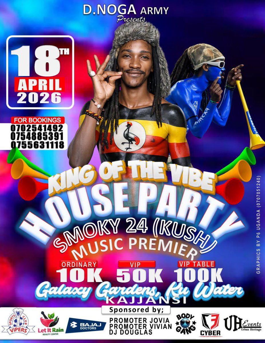 BukenyaMagidu's tweet image. HAPPENING THIS SATURDAY
18th April 2026
Galaxy Gardens Ku Water Kajjansi Town
King Of The Vibe
HOUSE PARTY
#Smoky24 #KUSH MUSIC PREMIER
#VipersScFans #OneTeamOneDream