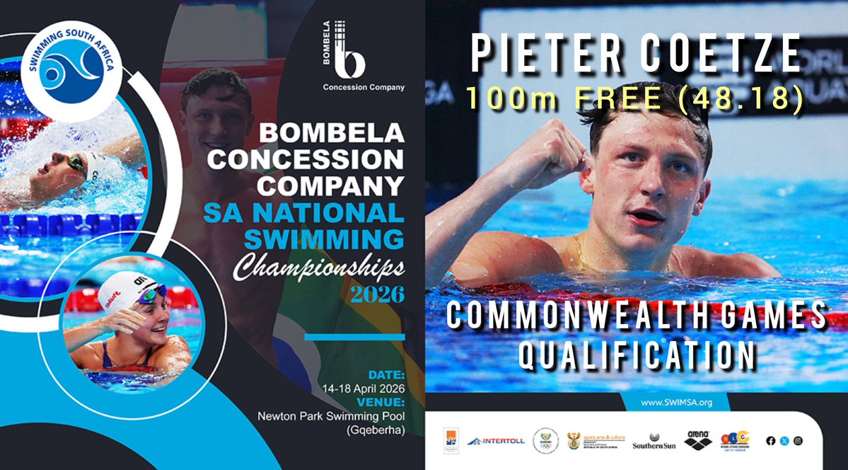SwimSouthAfrica's tweet image. Another Commonwealth Games Qualification for Pieter Coetzé – this time in the 100m Free!👏

Nothing stopping him!💪

Congrats, Pieter! #TeamSA🇿🇦 #SANAT2026 #Swimming #CommonwealthGames2026 #BombelaConcessionCompany #Intertoll #SPG @OfficialTeamRSA @ArenaSAfrica @SA_NLC