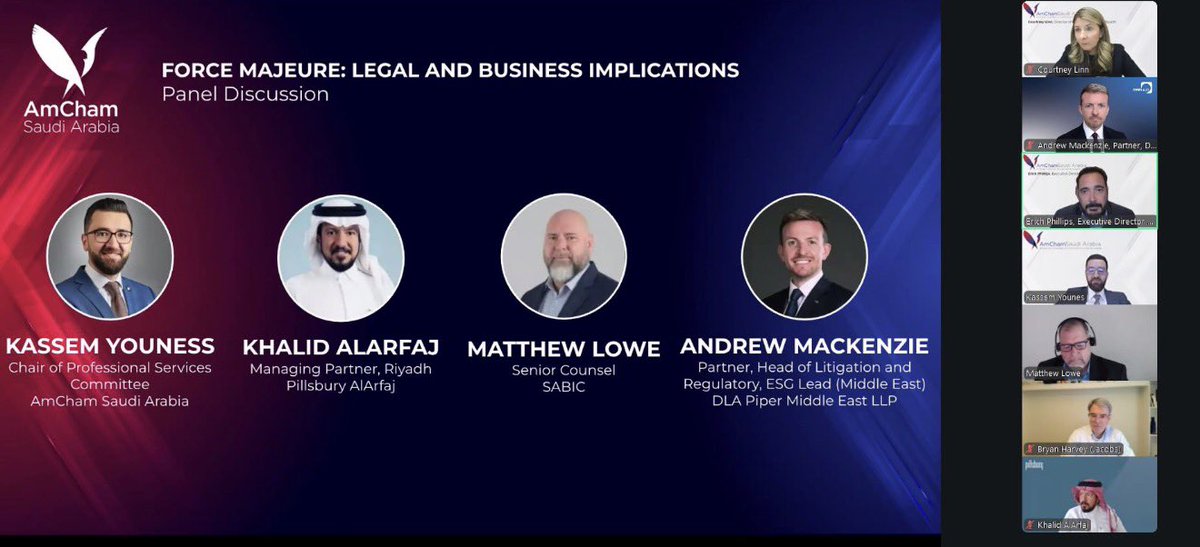 ArfajLaw's tweet photo. At an @AmChamSaudiArabia webinar, @KhalidAlArfaj shared key insights on force majeure under Saudi law—highlighting that it’s not automatic, and the distinction between impossibility and hardship is critical.
#ForceMajeure #SaudiLaw #pillsburylaw https://t.co/UdIMabQZwF
