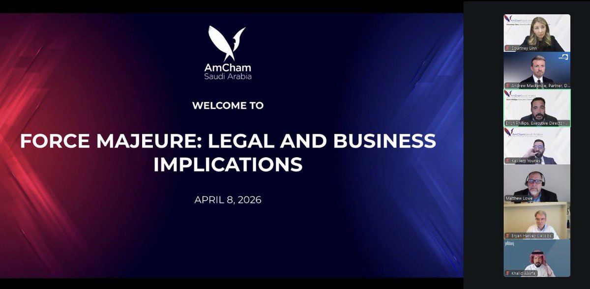 ArfajLaw's tweet photo. At an @AmChamSaudiArabia webinar, @KhalidAlArfaj shared key insights on force majeure under Saudi law—highlighting that it’s not automatic, and the distinction between impossibility and hardship is critical.
#ForceMajeure #SaudiLaw #pillsburylaw https://t.co/UdIMabQZwF