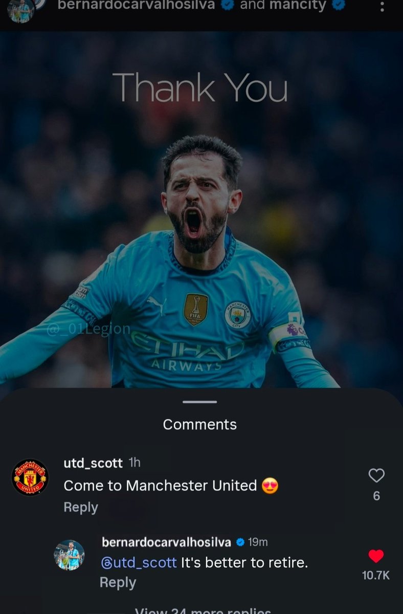 _01Legion's tweet photo. 🚨📲 Bernardo Silva replied to a Manchester United fan on IG. 

"It's better to retire." https://t.co/Mo7rwI8WeQ