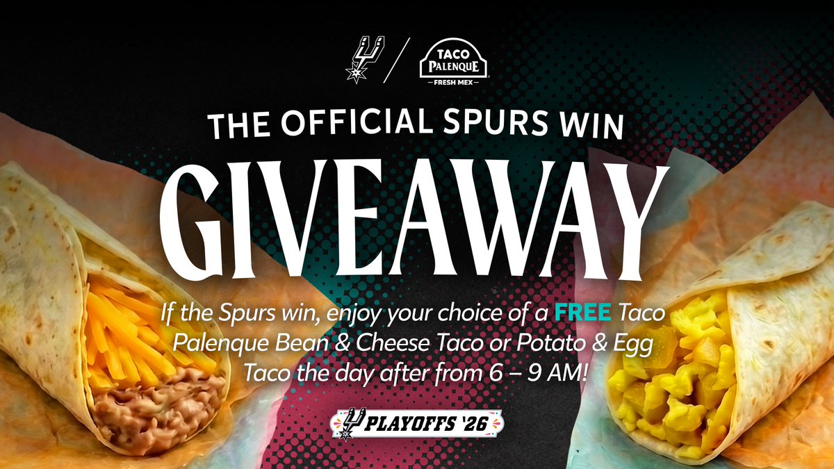 Heads up, #porvida fans! Spurs and Taco Palenque will give away free breakfast tacos after every Spurs Playoff win, at home and away.

1 free breakfast taco per customer (potato and egg taco or bean and cheese taco). Tacos will be available the morning after each Spurs Playoff