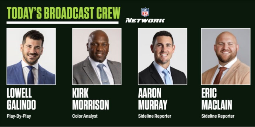 The_UFM's tweet image. #ESPN broadcast team for Louisville Kings @ Houston Gamblers today at 8pm eastern on #NFL network:

Lowell Galindo (PxP)
Kirk Morrison (Analyst)
Eric Mac Lain (Sideline)
Aaron Murray (Sideline) 

#UFL