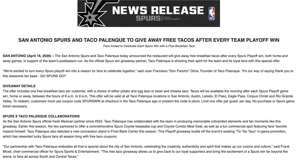 Free tacos from Taco Palenque after every Spurs playoff win San Antonio!

Press release: