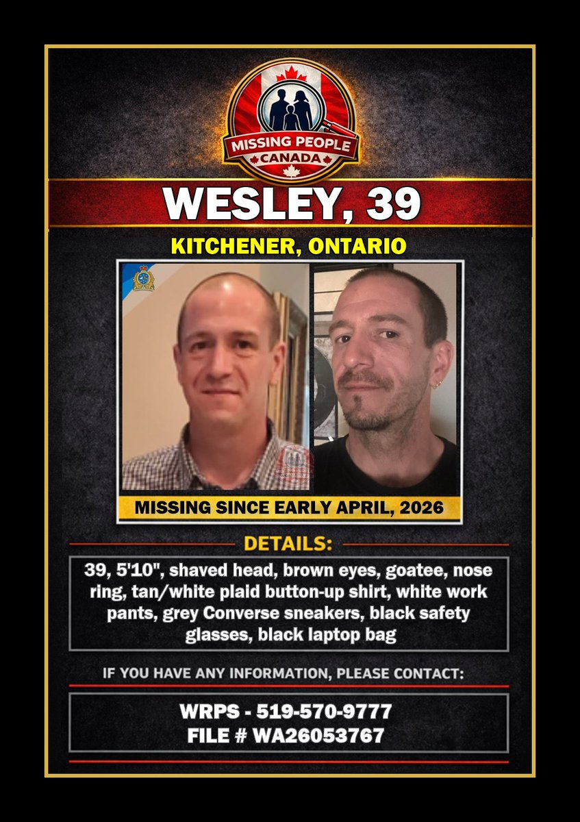 Missing_CA's tweet image. 🔗 Full story: missingpeople.ca/missing-man-in… 

🧭 MISSING MAN IN KITCHENER, ONTARIO - WESLEY, 39 - MISSING SINCE EARLY APRIL 2026 

📍 #Kitchener #ON #Ontario