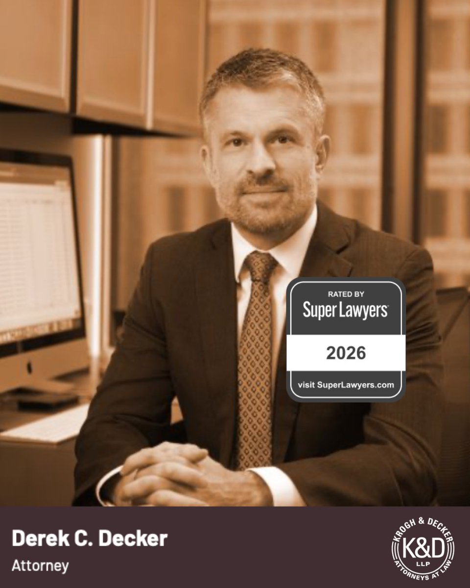 kroghdecker's tweet photo. We are proud to announce the selection of Derek C. Decker to the 2026 Super Lawyers list—an exclusive honor recognizing top attorneys for their exceptional achievements and peer recognition.  Congratulations, Derek, on this well-deserved recognition! https://t.co/ZKKYd7Qhrh https://t.co/VBXnkEcrze