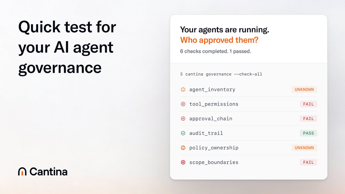 Cantina 治理 CLI 展示 6 项检查：3 FAIL、2 UNKNOWN、1 PASS 的智能体治理结果