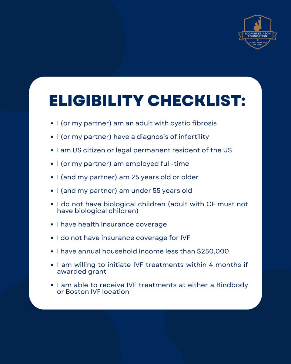 cysticfibrosis's tweet photo. The deadline for the first round of 2026 BEF IVF Grant applications is 2 weeks away 💙

We know that building a family with cystic fibrosis can come with unique challenges. This grant is designed to help ease the financial burden and expand access to fertility care.

In collaboration with Kindbody and Boston IVF  we are proud to help make this journey more accessible.

📅 Deadline May 1, 2026
📌 Apply: https://t.co/QuwdmiV4RW