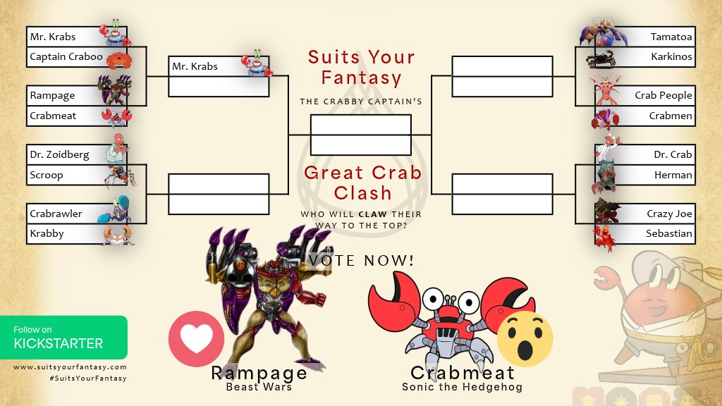 SuitYourFantasy's tweet photo. Robotic Crabs: Rampage, a twisted Predacon, versus Crabmeat, Sonic's first adversary in Green Hill Zone. 
Vote now on Facebook: https://t.co/teX0hc20yc
#suitsyourfantasy #crabbycaptain #crabs #brackets #cardgames #picturebooks #Sonic #Transformers https://t.co/vzZJVqdrH2