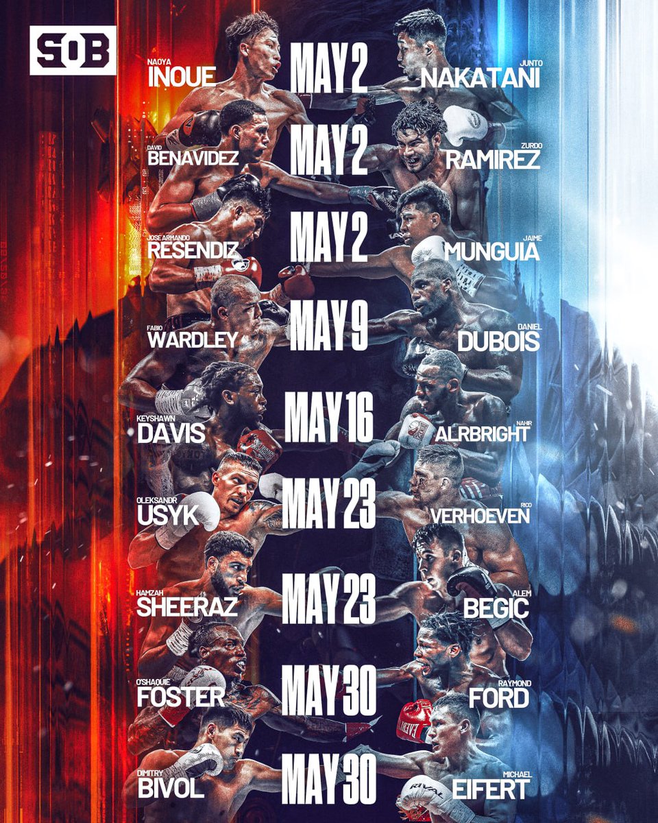 We will 𝐨𝐟𝐟𝐢𝐜𝐢𝐚𝐥𝐥𝐲 have all of these fights in the month of May 🔥

Best boxing month of the year⁉️