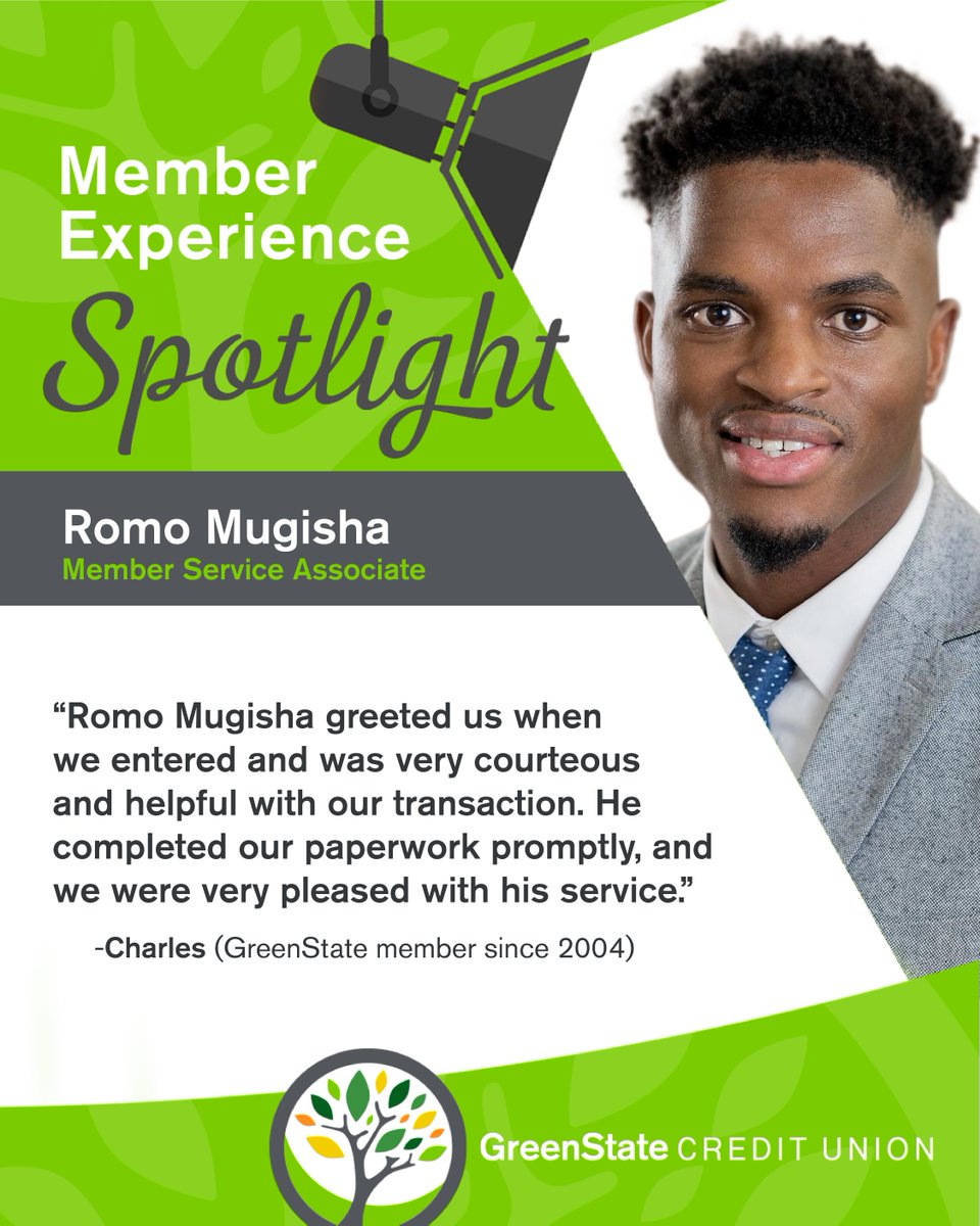 GreenStateCU's tweet photo. Our Member Experience Spotlight this week is Romo Mugisha, Member Service Associate at our Marion branch. To connect with Romo, visit https://t.co/hinKBJjswB https://t.co/nma6WFTRpP