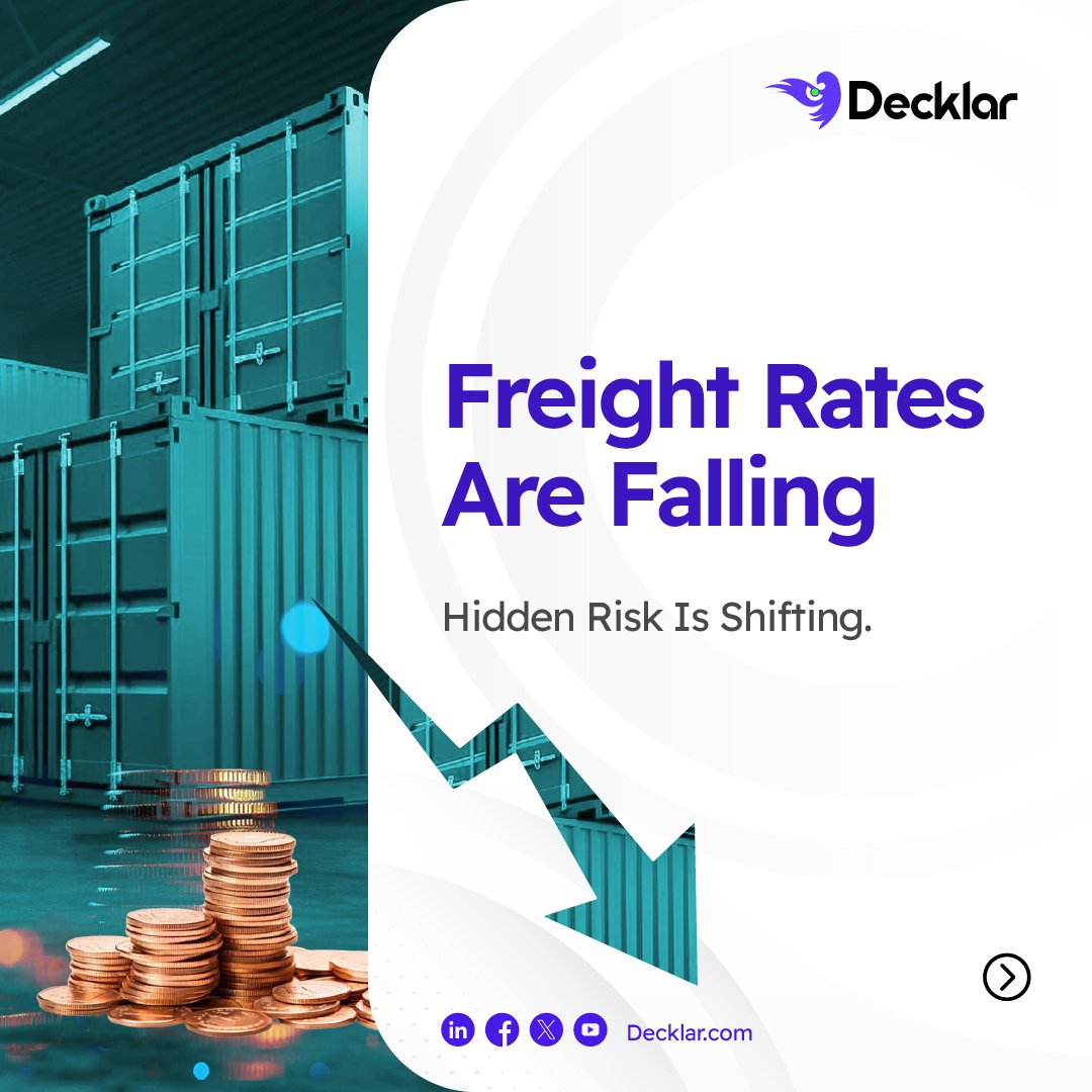 decklarai's tweet photo. Falling freight rates sound like wins. They're not. Lower costs trigger faster modal switches, tighter routing, reduced buffer—decisions that stretch lead times before savings land. 

Decklar connects cost and timing in real time so optimization doesn't become erosion. https://t.co/04GShdXASe