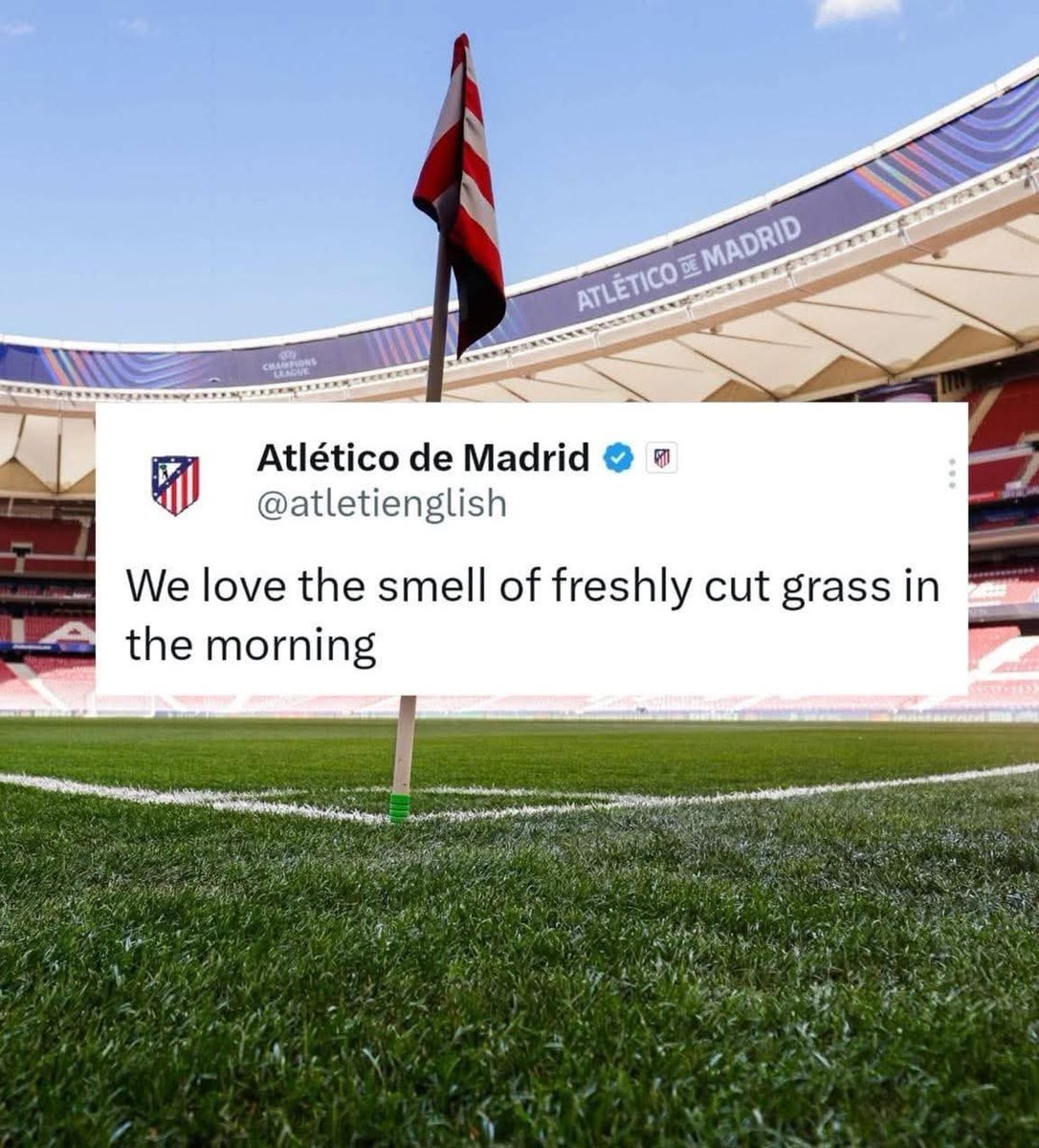 Last night Barcelona officials were complaining that Atletico Madrid had over grown their grass to the maximum allowed height so that Barcelona were not able to move the ball quickly around the stadium...

This is the first thing Atletico posted this morning after going through