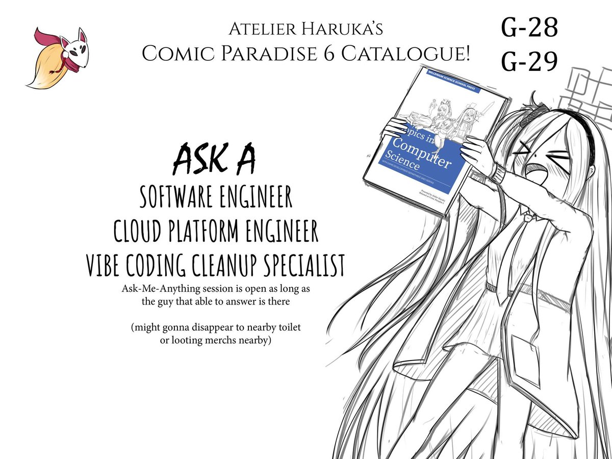 shirayuk1haruka's tweet image. the main writer for BA programming book is holding me on gunpoint to post this as he's also joining me in comipara. So come have a talk if you're into programming or vibe coding or something else!

#comipara #comipara6 #comicparadise