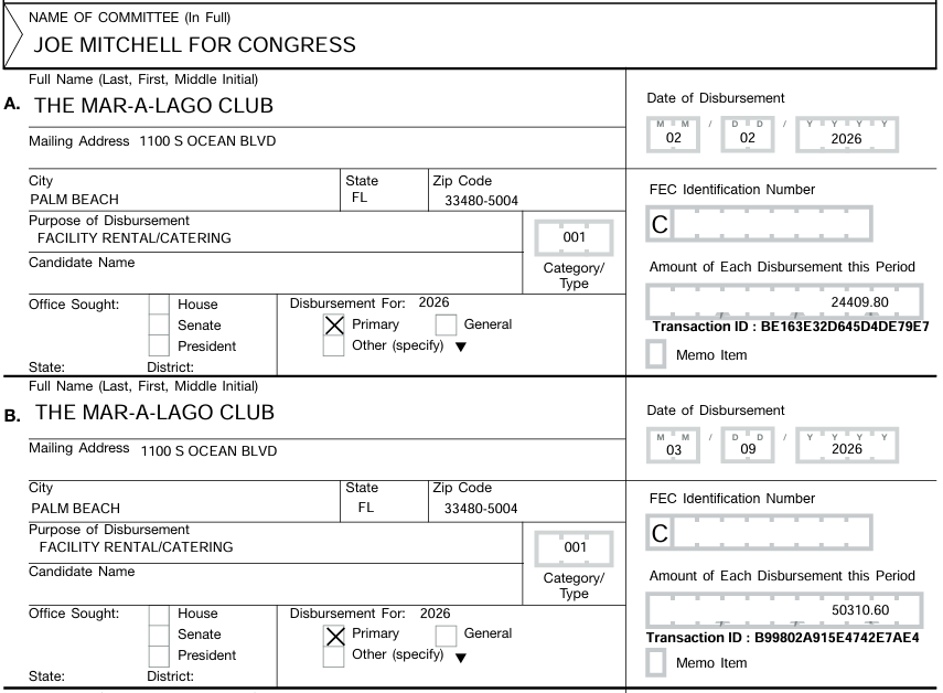 sully384's tweet photo. *taps microphone* #IA02 GOP hopeful Joe Mitchell spent almost $75,000 (!) at Mar-A-Lago in February and March of 2026

Joe Mitchell isn't interested in representing Iowans, he just wants to party with national Republicans https://t.co/ZwJBXB4ueW