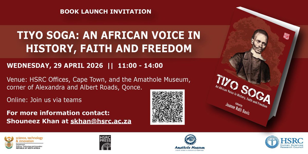 HSRCPress's tweet photo. Join us for the book launch of Tiyo Soga — a pioneering thinker, writer, and one of the first ordained African ministers in South Africa.

Be part of an engaging conversation on history, identity, and legacy. 📚✨
#BookLaunch #TiyoSoga #SouthAfricanHistory https://t.co/keHXXxFTkQ