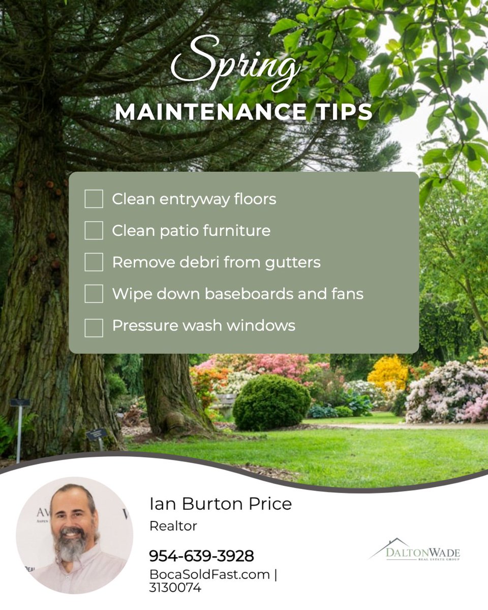 IanBurtonPrice's tweet image. Spring is in full bloom 🌸—the perfect time to give your home some TLC!

A little seasonal maintenance = a fresher, cleaner, happier space 🌿✨

Are you an early bird or last-minute spring cleaner? 🧼

#springcleaning #springchecklist #BocaSoldFast #IanBurtonPrice #IanPrice