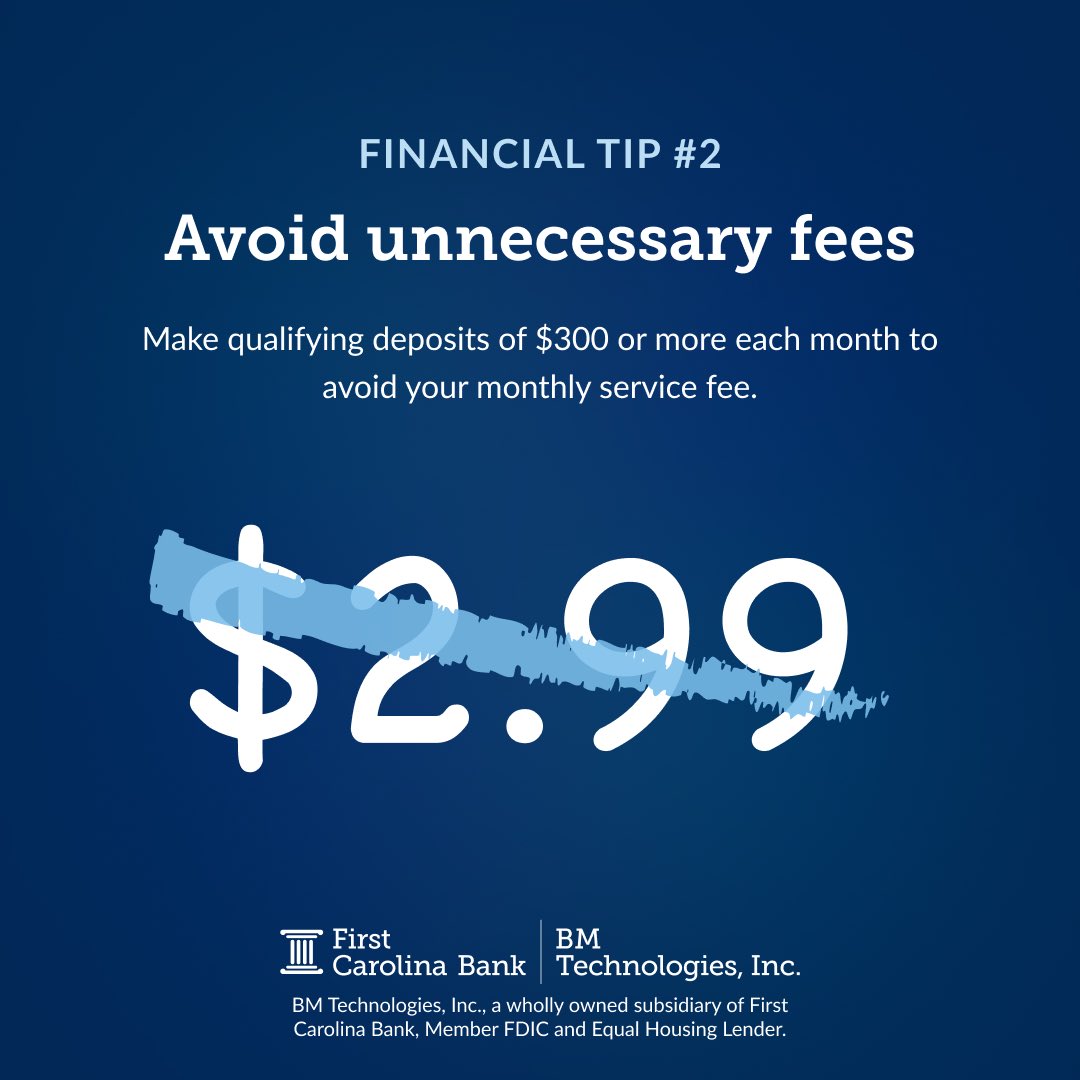 OfficialBM_Tech's tweet photo. Tip 2 - Review how to waive your monthly service fee.
 Setting up direct deposit or maintaining a minimum balance could help you avoid unnecessary charges and maximize your account benefits.  #FinancialLiteracyMonth https://t.co/OSil5NhBe6