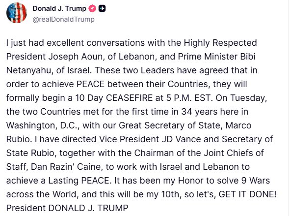 DailyIranNews's tweet photo. BIG BREAKING NEWS:

 TRUMP CONFIRMS LEBANON CEASEFIRE!

Thank you Iran. ❤️ https://t.co/hanpgHLQKS