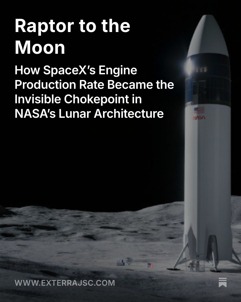 exterrajsc's tweet photo. NASA's Moon mission doesn't begin on launch day.
It begins 200 days earlier — on a production line in Boca Chica.
Raptor engine output is the invisible chokepoint nobody's talking about.
New analysis: https://t.co/NI6v34O1uz
#Artemis #SpaceX #SpaceCommerce https://t.co/7LgKmrjF4v