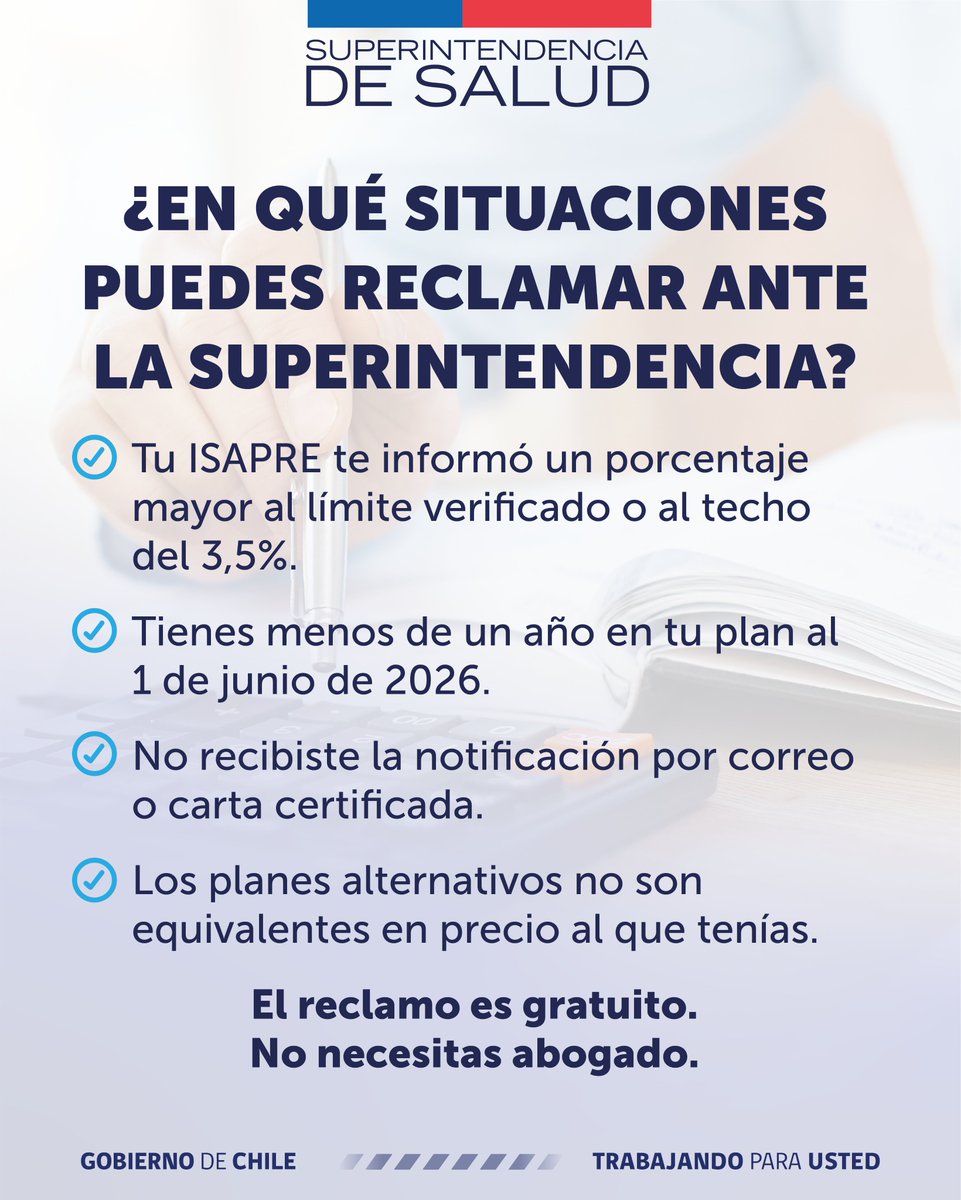 📲 ¡Atención afiliados y afiliadas de ISAPREs!

Infórmate sobre qué opciones tienes y cuándo puedes reclamar ante la Superintendencia de Salud por #APB.

💡 Recuerda: ¡El reclamo es gratuito y no necesitas abogado!

El trámite lo puedes hacer en 💻 superdesalud.gob.cl