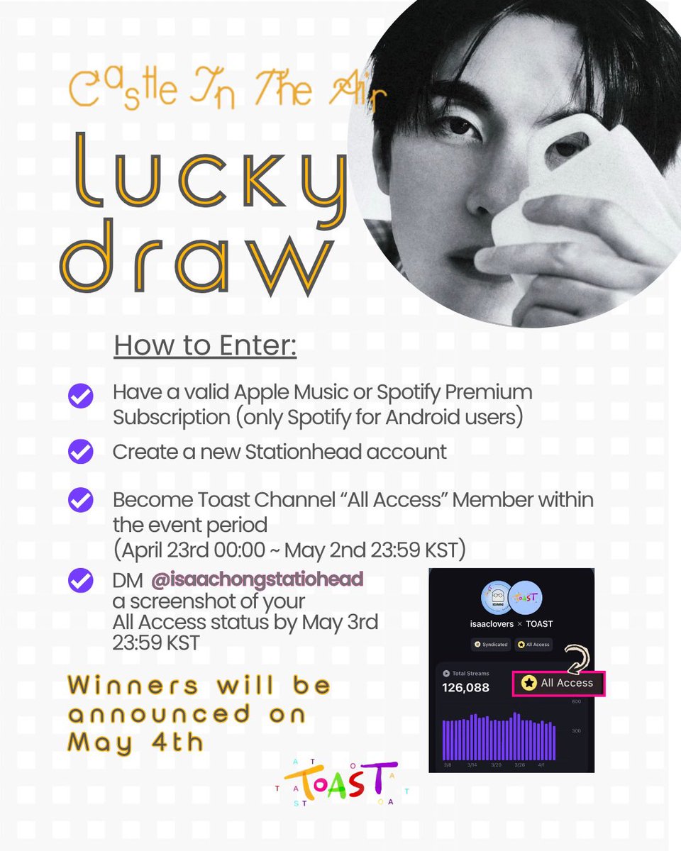 IHStationhead's tweet photo. Stationhead Toast Channel [Castle In The Air] Release Lucky Draw Event! 

https://t.co/fHyqKeYl5v

#IsaacHong #홍이삭 #Castle_In_The_Air #ToastChannel #LuckyDraw https://t.co/Tbm7RLHBtT