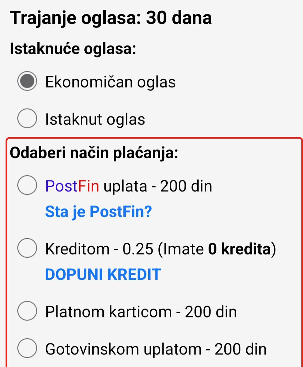 Plaćanje za obnovu besplatnog oglasa, po ceni od 150 din, POLOVNIAUTOMOBILI su uveli u oktobru 2024. Pre toga je ta stavka bila besplatna.

Od ovog meseca, obnova običnog besplatnog oglasa, košta 200 din.

Dakle, za godinu i po dana, to je povećanje cene od 33%‼️

Prosečna