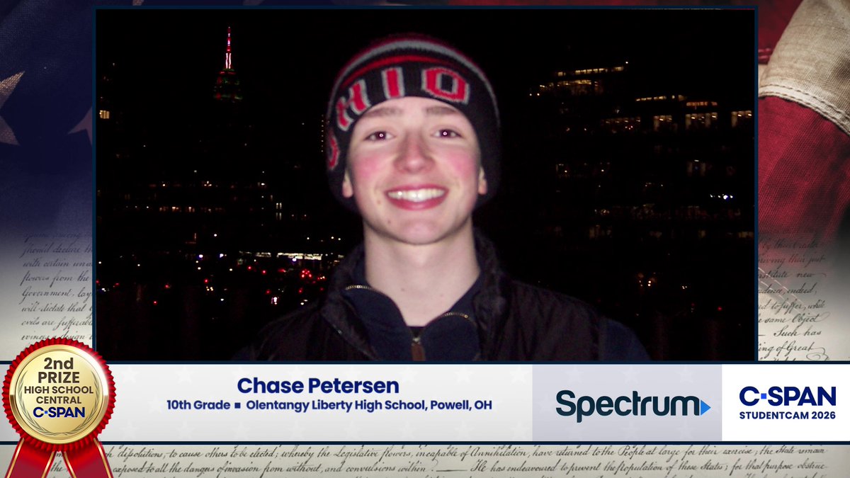 CSPANClassroom's tweet photo. Congratulations to Chase Petersen from Olentangy Liberty High School in Powell, Ohio who won 2nd Prize in the High School Central Division for his video titled, “Against the Silence,” about the Declaration of Independence’s influence on the Vietnam War protests following President Nixon’s Cambodian Incursion and the Kent State shooting.
https://t.co/Q3eDkltfMM
His video airs on C-SPAN today and you can click the link above to view his video, a press release, and congratulatory messages from Ohio State University History Professor Michael Flamm​, Powell, Ohio Mayor Heather Karr​, Olentangy Schools Superintendent Todd R. Meyer and Board of Education President Brandon Lester​.
#edchat #sschat