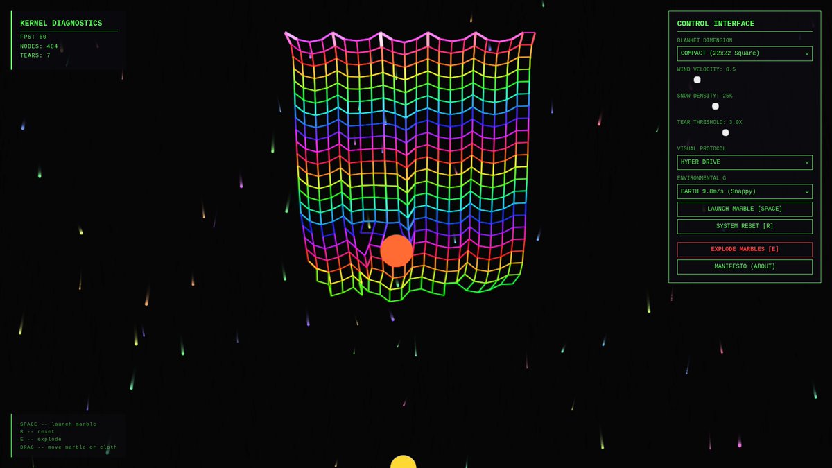 MrComputerSci's tweet image. Pithy VerLite | Kinetic Neural Kernel v3.0 just dropped.

A real-time Verlet cloth solver in pure vanilla JS. One HTML file. Zero deps. No libraries.

It breathes, tears, and detonates with satisfying physics. Code + Demo below. ⬇

#JavaScript #Physics #Coding #Javascript #AI