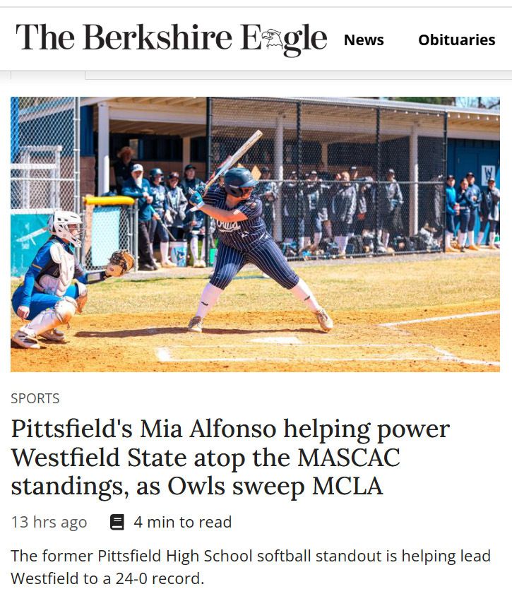 WestfieldOwls's tweet photo. Westfield's Mia Alfonso was featured in the @BerkshireEagle on Tuesday - highlighting a great career and the Owls' fast start to the season .... see them play today at Sullivan Field - Doubleheader vs. WNE starts at 3:00 p.m. #LetsGoOwls #D3SB https://t.co/P2a2U2VXmk