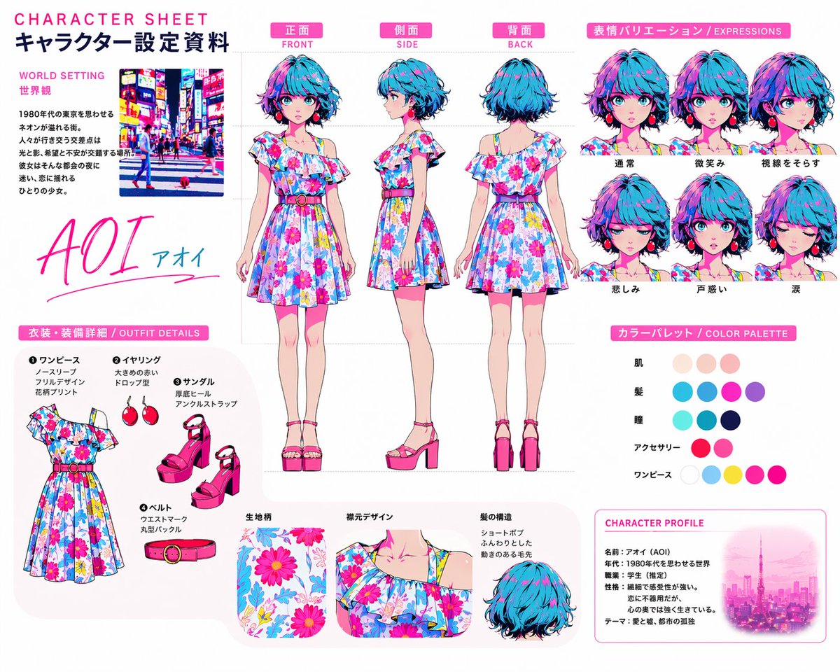 GPTimage2　作ってみて〜😆✨✨
「画像を理解して、構造的に再構成できる画像生成モデル」。

ーーー【指示テンプレ（そのまま使える）】ーーー
このキャラクターと背景を元に、
公式設定資料のようなキャラクターシートを作成してください。

・正面、側面、背面の3面図を含める