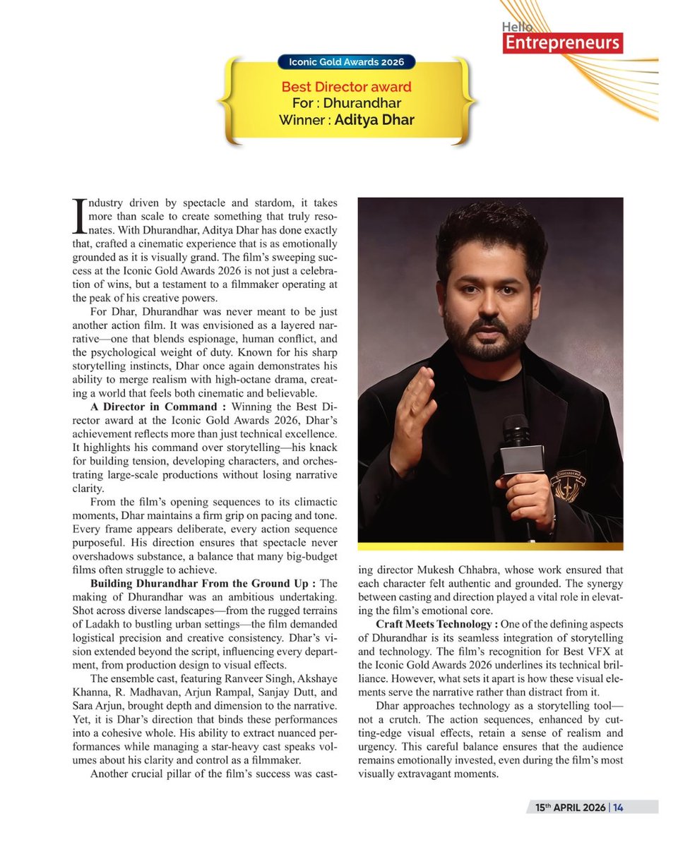 IconicGoldAward's tweet photo. Inside Aditya Dhar Mastermind Behind Dhurandhar Big Award Sweep
.
https://t.co/g0wAaeT55D
.
#AdityaDhar #IconicGoldAwards #HelloEntrepreneurs #IconicGoldAwards2026 #HelloEntrepreneursSpecialissue

@AdityaDharFilms @B62Studios https://t.co/pF0EGciDwu