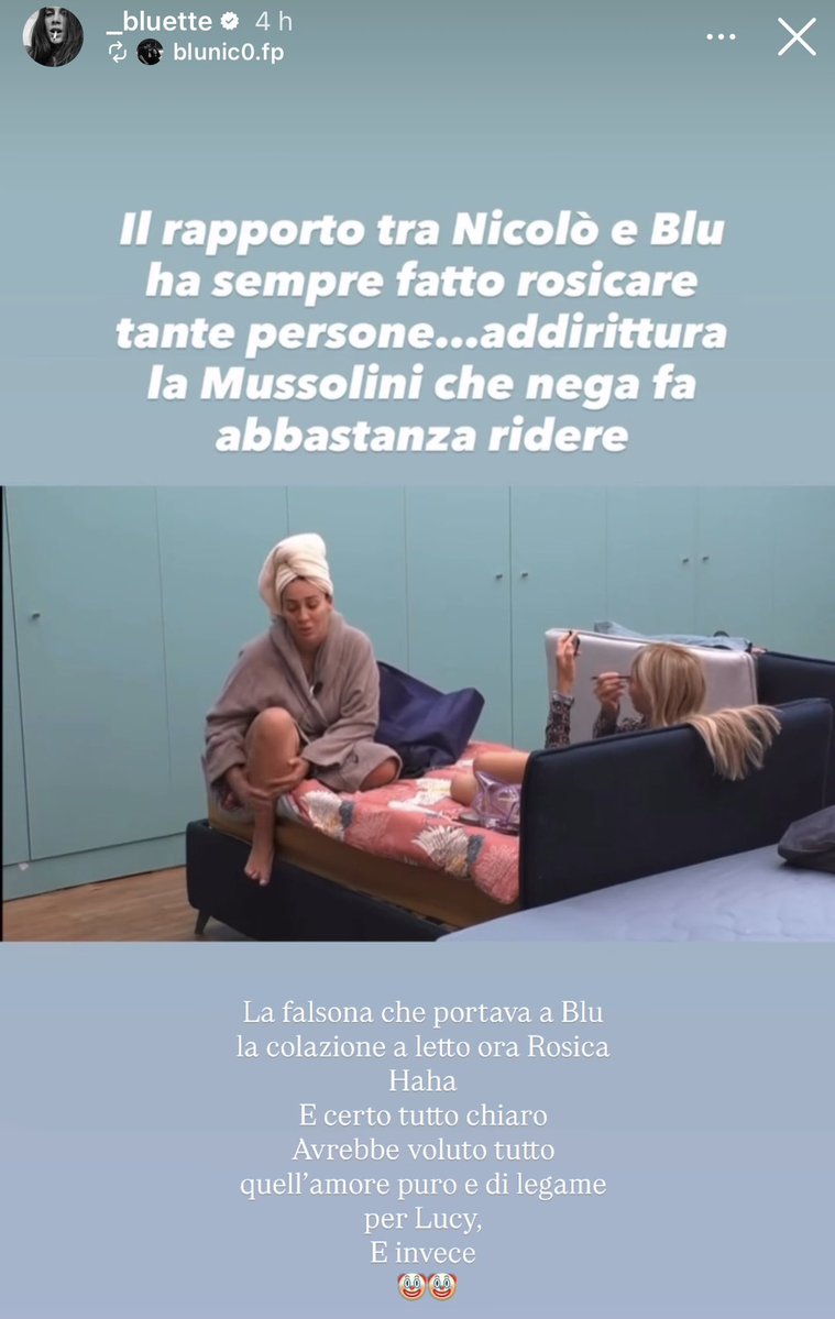 oltre a repostare solo contenuti blunico (il fidanzato in tutto bo) parla pure di lei in terza persona perché le cose scritte sotto le ha aggiunte lei ahahahahahahhaah